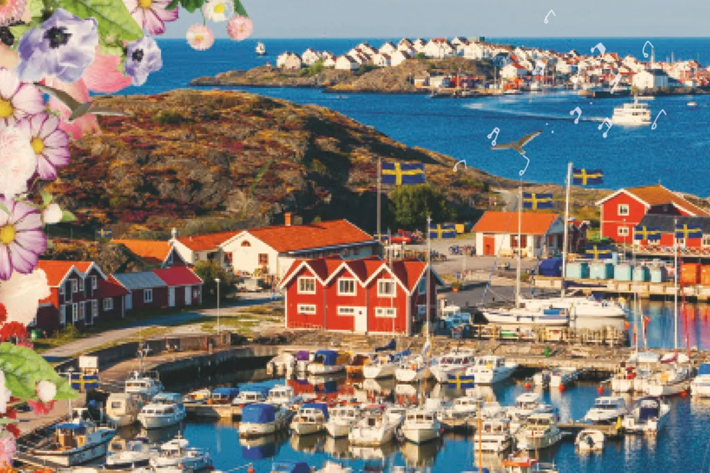 En pittoresk hamnscen med röda svenska stugor, båtar som ligger i hamnen, svenska flaggor, en klippig ö i bakgrunden och färgglada blommor som ramar in bildens vänstra kant.