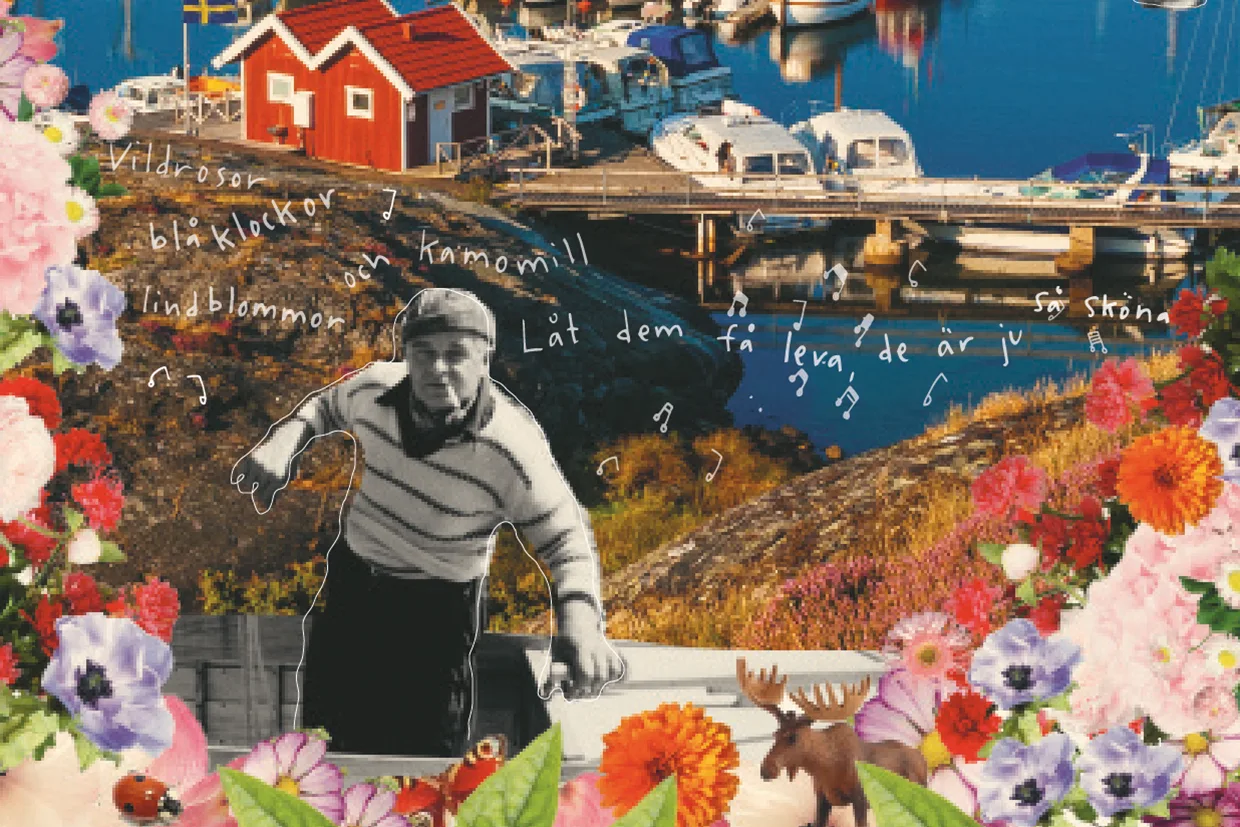 Ett färgglatt collage med en hamn med båtar, röda stugor, livfulla blommor och en svartvit utklippt bild av en man som klättrar på ett räcke. Svensk handskriven text och musiknoter är utspridda över bilden. En liten älg dyker upp längst ner.