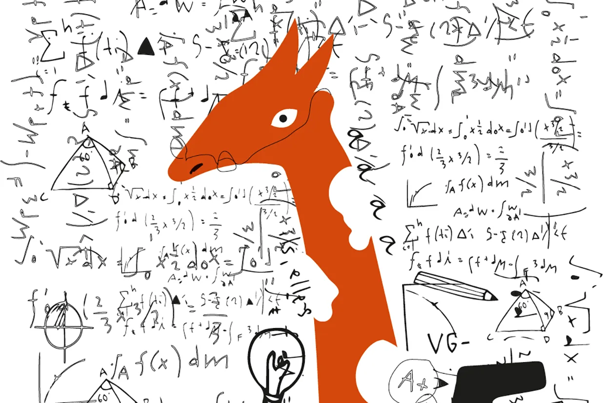 En illustrerad orange giraff står framför en whiteboardtavla fylld med komplexa matematiska ekvationer, symboler och diagram med svart markering.