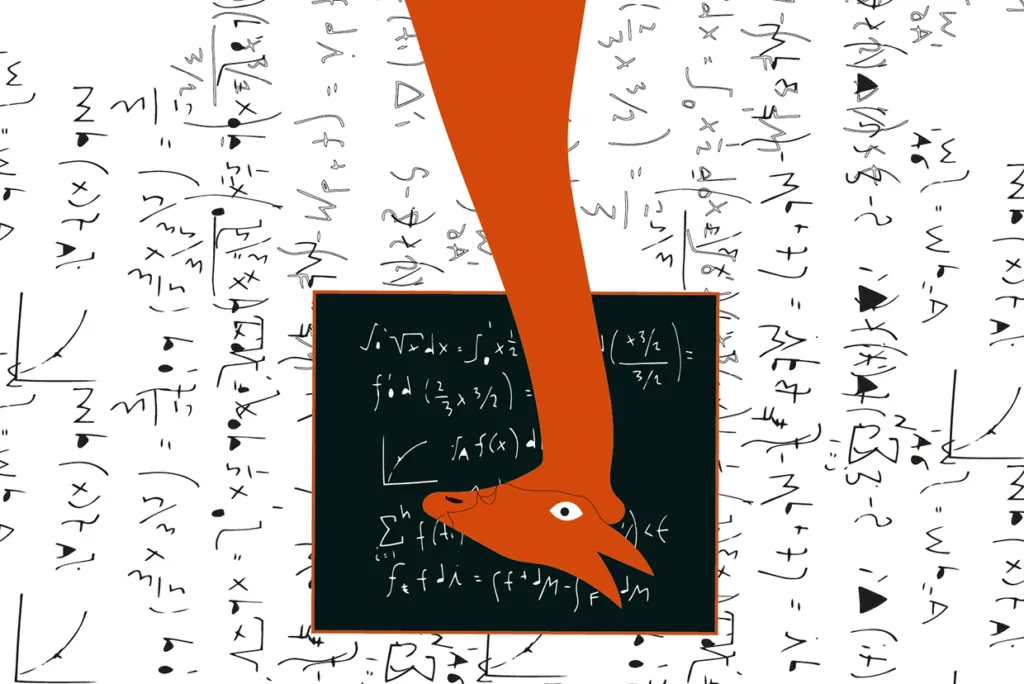 En abstrakt illustration av en orange giraff som tittar på en griffeltavla fylld med komplexa matematiska ekvationer, omgiven av fler formler på en vit bakgrund.