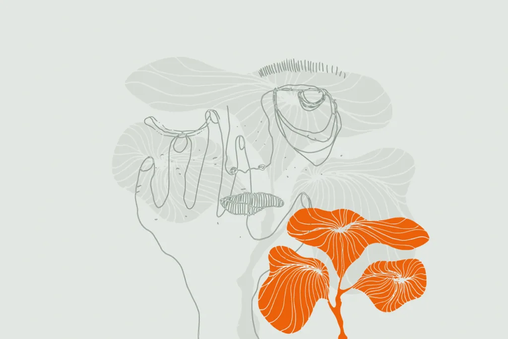 Abstrakt linjeteckning av ett ansikte med slutna ögon som överlappas av orange och vita stiliserade ginkgoblad nere till höger, allt mot en ljus bakgrund med dämpade bladformer.