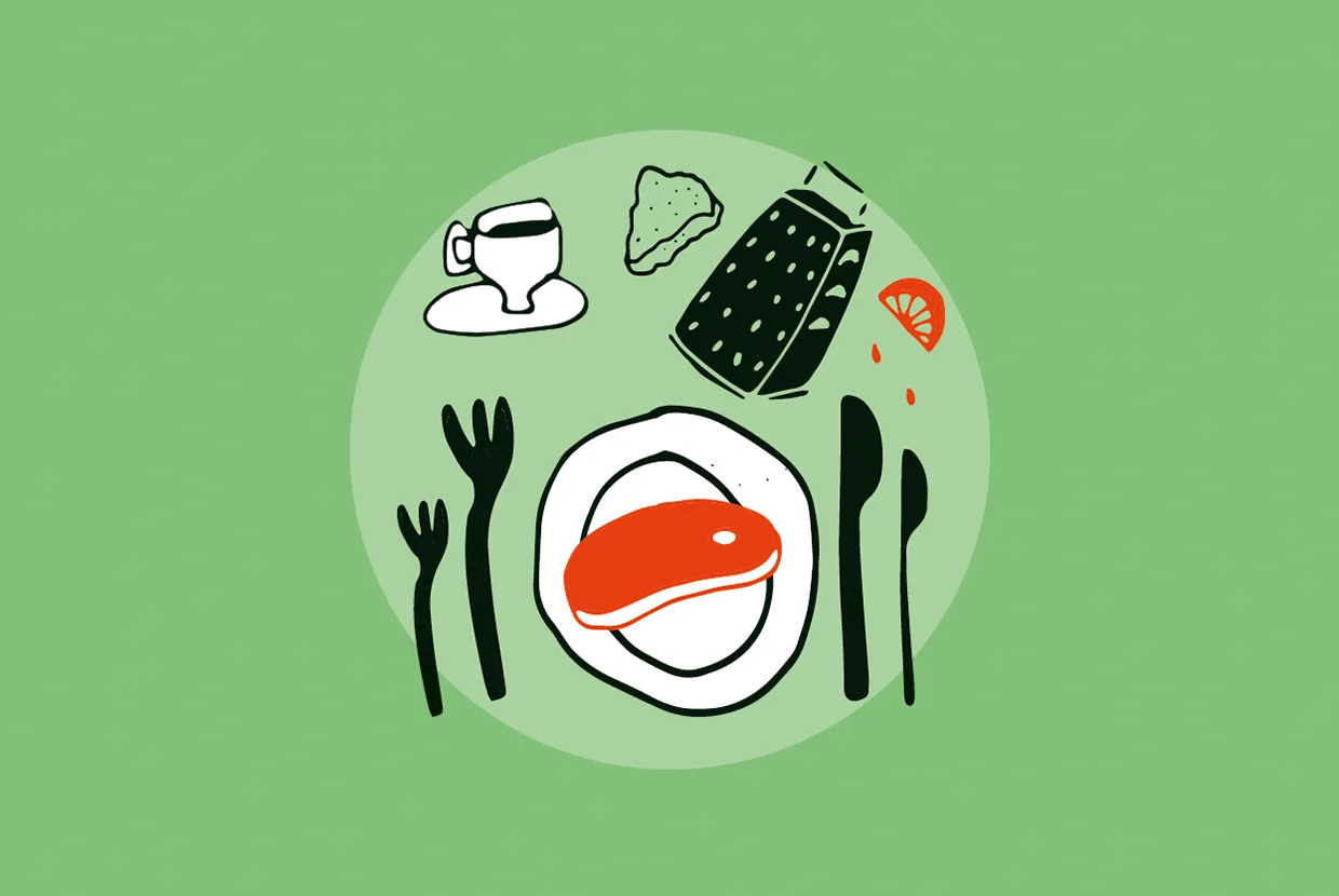 Illustration av en tallrik med en köttbit, omgiven av gaffel, kniv och sked mot en grön bakgrund. Ovanför tallriken finns en kopp, ett rivjärn, en liten hög och en tomatskiva.