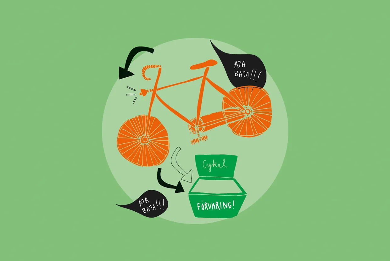 Illustration av en orange cykel med svarta pratbubblor som säger "Aja baja!!!" Pilar pekar från cykeln till en grön förvaringslåda märkt "Cykel FÖRVARING!" på en ljusgrön bakgrund.