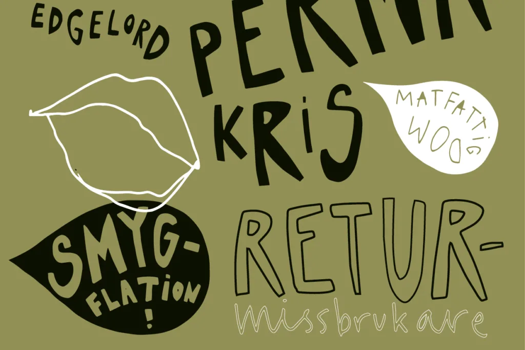 Abstrakt grafisk design med svenska ord och fraser som EDGELORD, PERMAKRIS, SMYGFLATION, RETUR, "missbrukare" och "MÅNGA WOOO" i olika typsnitt på en olivgrön bakgrund.