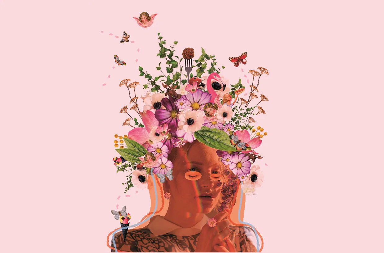 En person som håller hakan ser eftertänksam ut, med livfulla blommor, blad, fjärilar och fåglar som konstnärligt blommar från huvudet mot en ljusrosa bakgrund, vilket symboliserar fantasi eller kreativitet.