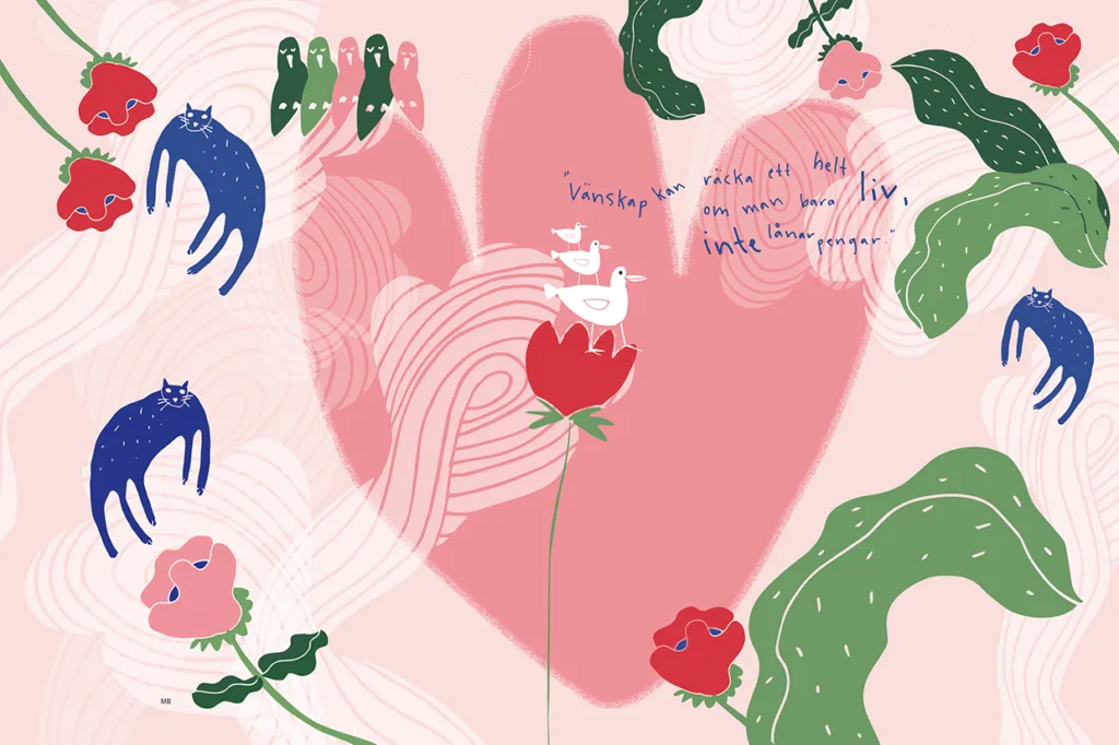 Illustrerad bild med ett stort rosa hjärta, lekfulla blå katter, gröna fåglar, röda blommor och två vita gäss på en blomma. Svensk text är skriven i blått nära hjärtats övre mitt. Abstrakta blad och linjer fyller bakgrunden.