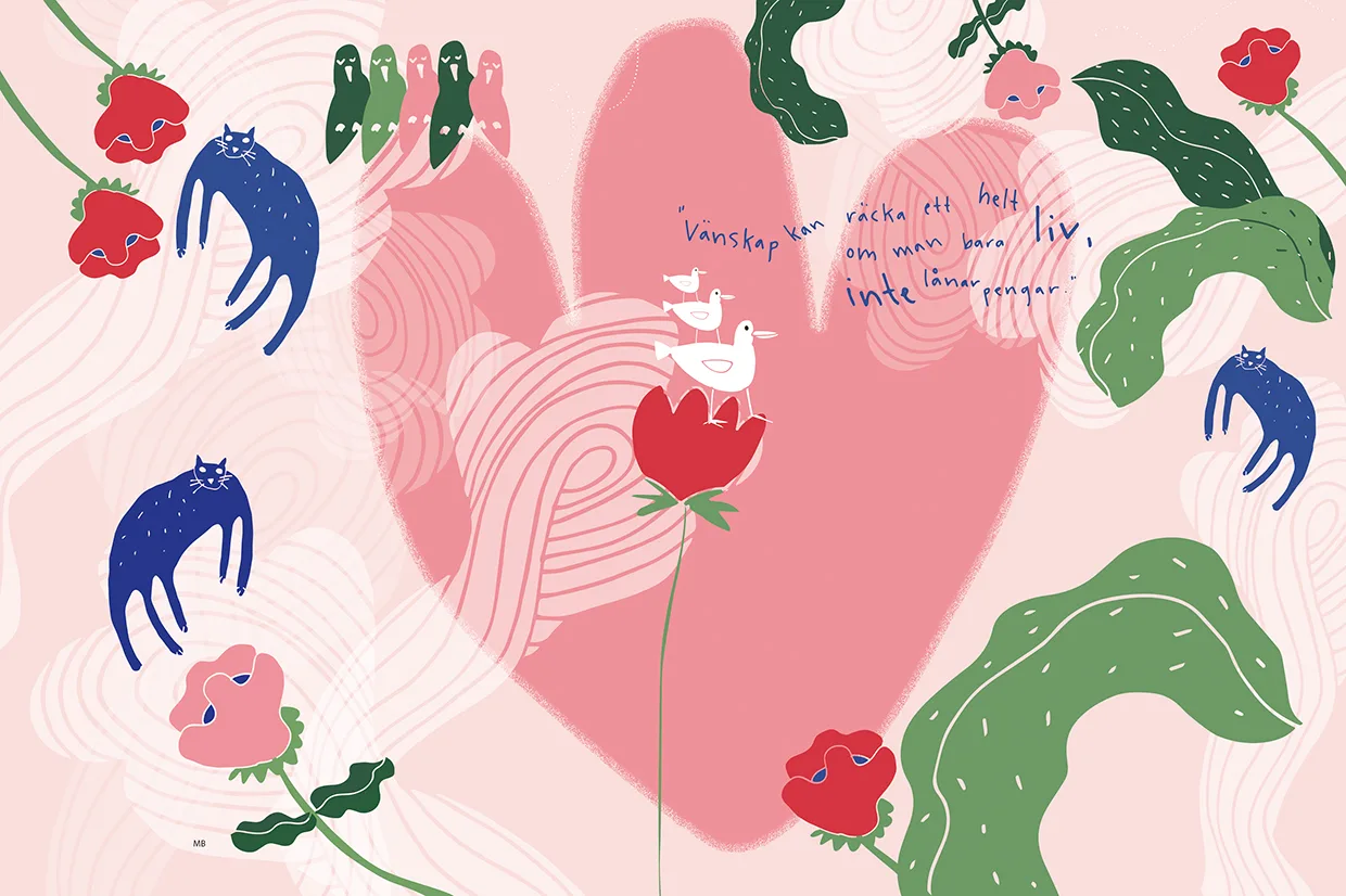 Illustrerad bild med ett stort rosa hjärta, lekfulla blå katter, gröna fåglar, röda blommor och två vita gäss på en blomma. Svensk text är skriven i blått nära hjärtats övre mitt. Abstrakta blad och linjer fyller bakgrunden.