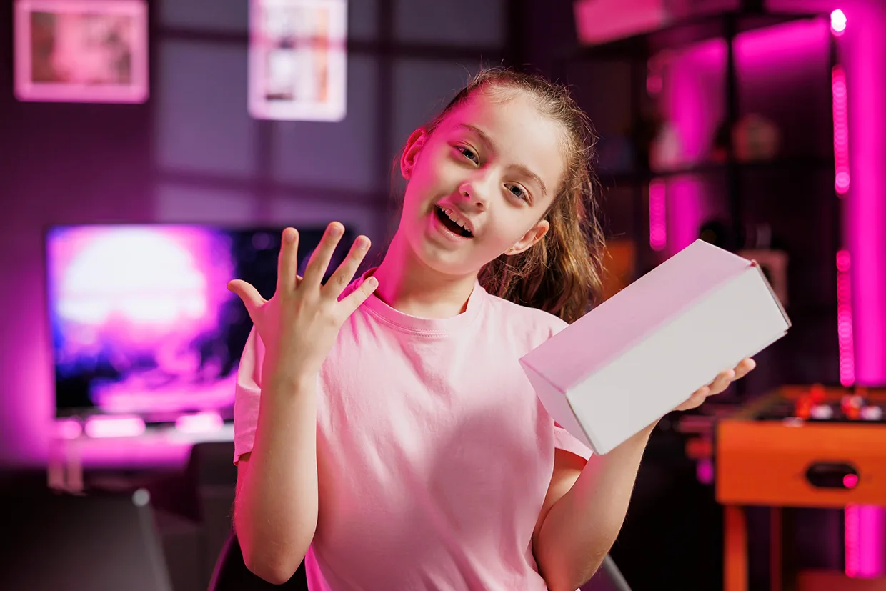 En ung flicka i rosa skjorta ler och håller en vit låda i ena handen medan hon gestikulerar med den andra, sittande i ett rum med neonrosa belysning och inspelningsutrustning i bakgrunden.